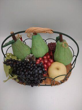 Decorative Wicker & Metal Fruit Basket With Plastic Grapes, Apples & Wood Pears